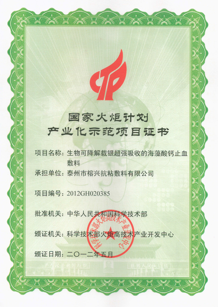 6   泰州榕兴2012年火炬证书（生物可降解载银超强吸收的海藻酸钙止血敷料）.jpg